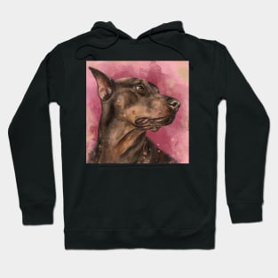 Painting of a Gorgeous a Brown Doberman on Dark Pink Background Hoodie